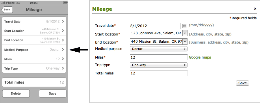 Mobile mileage detail page mapped to the desktop screen