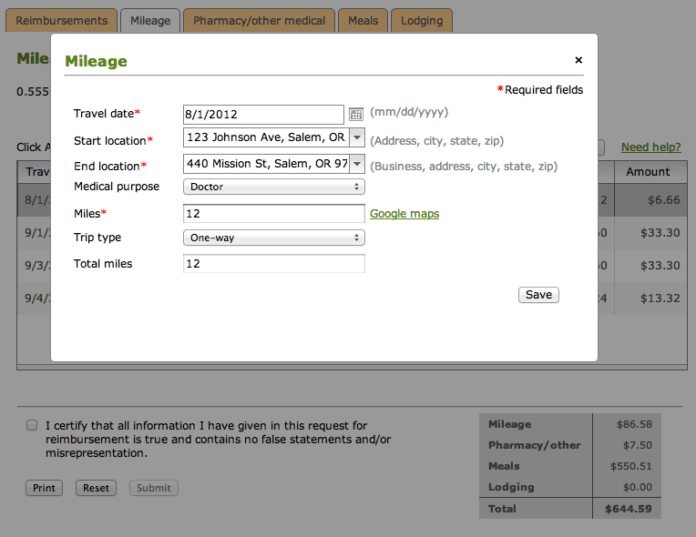 A web form used to edit a mileage expense entry.