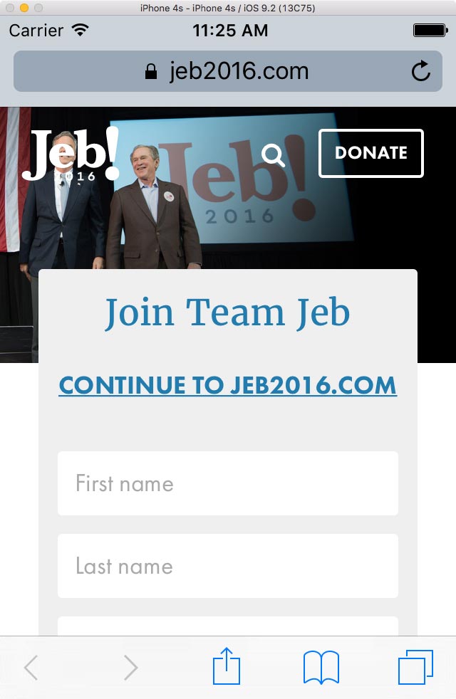 Screenshot of Jeb Bush web page on iPhone 4s where the logo is on top of Jeb's face