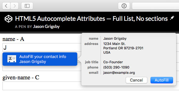 Safari offering to autofill my contact information on a form that only uses autocomplete attributes.