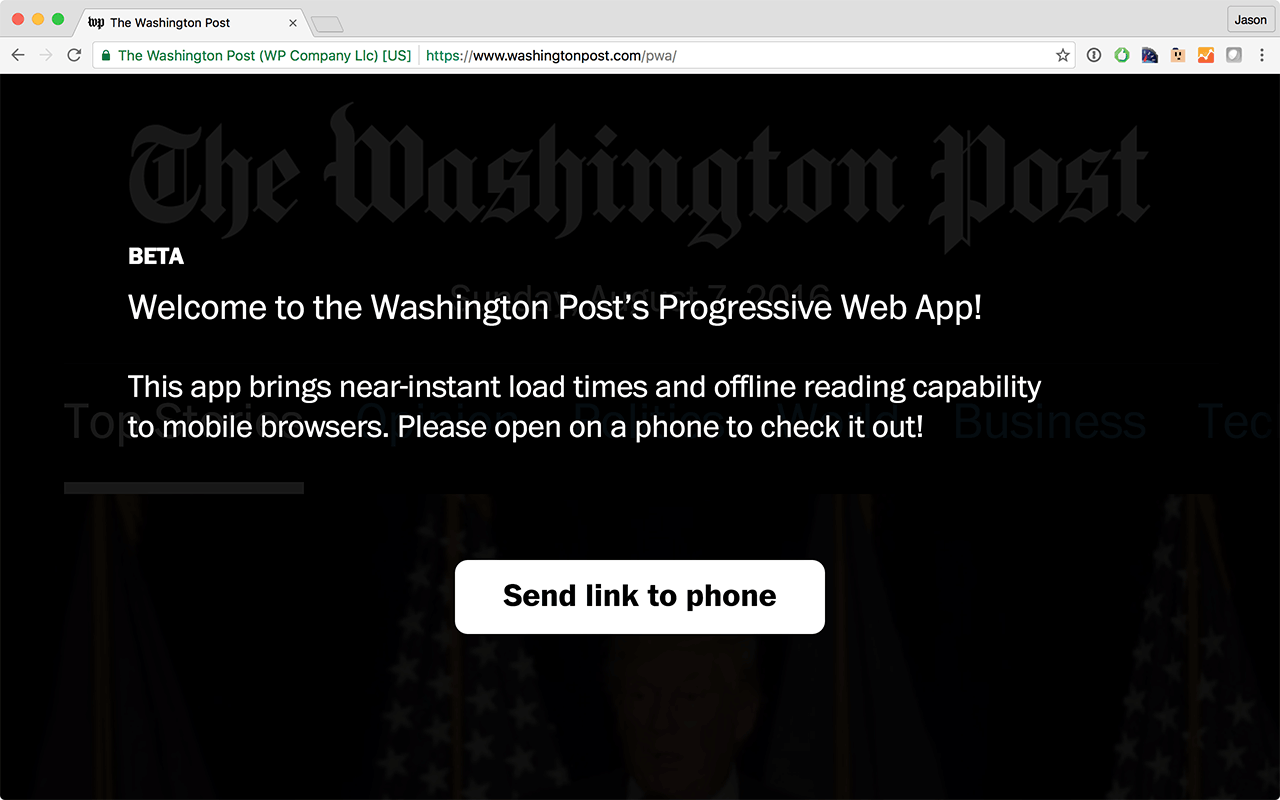 Washington Post PWA on Desktop Chrome