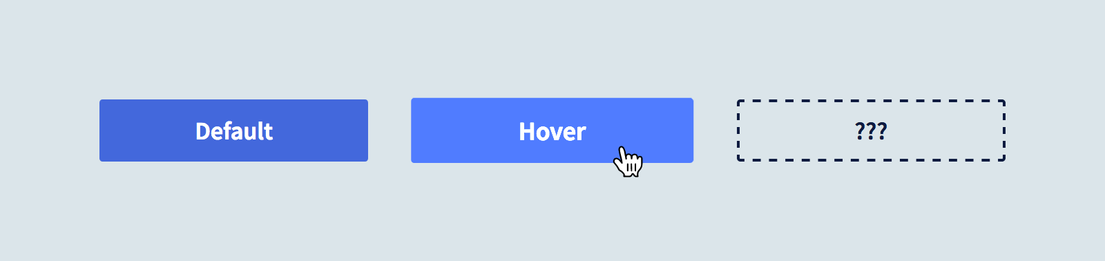 Mockup of a default button, a button with a hover effect, and a mystery button state