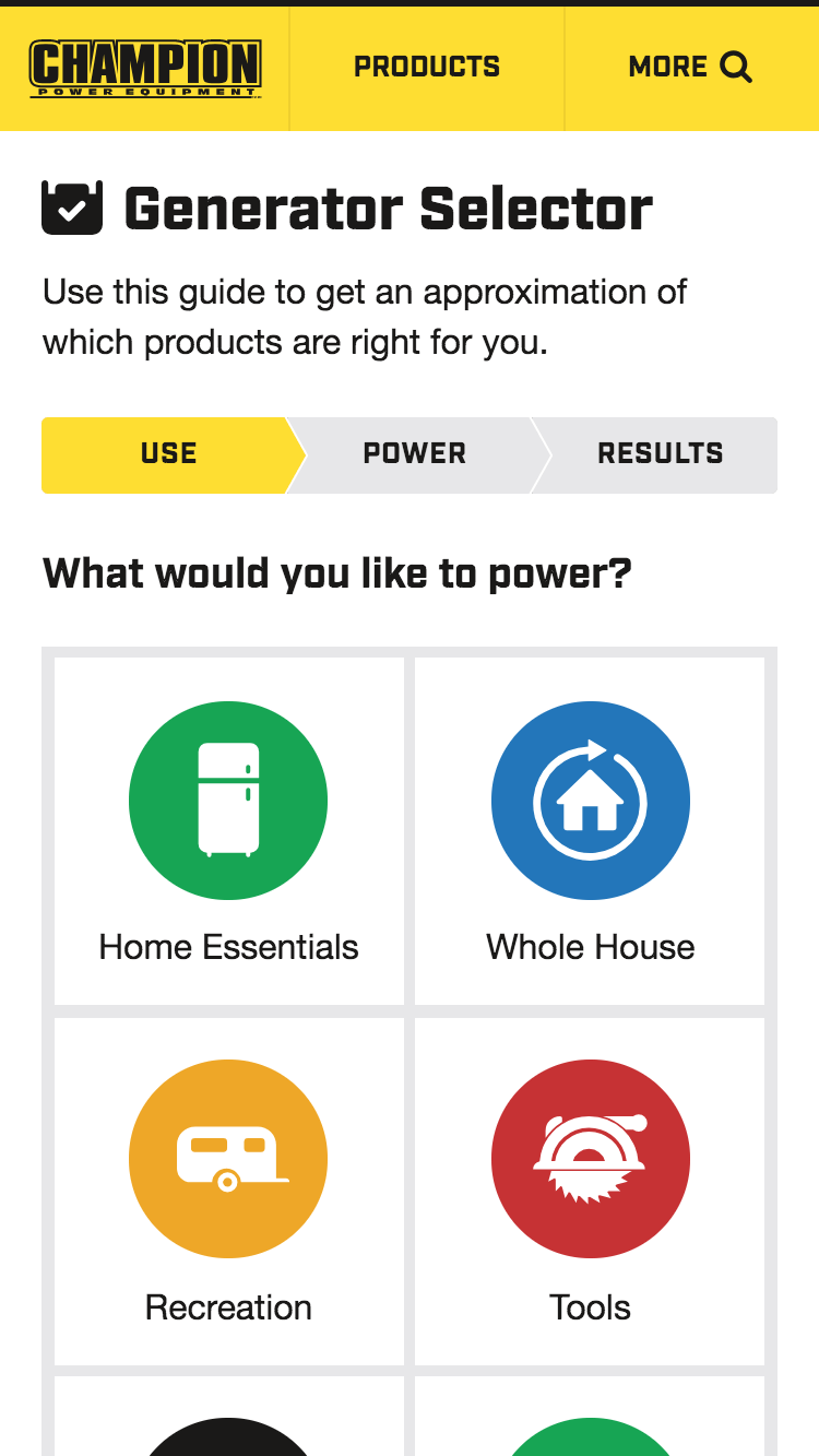 Step 1 of the generator selector tool, asking which categories of devices do they intend to power
