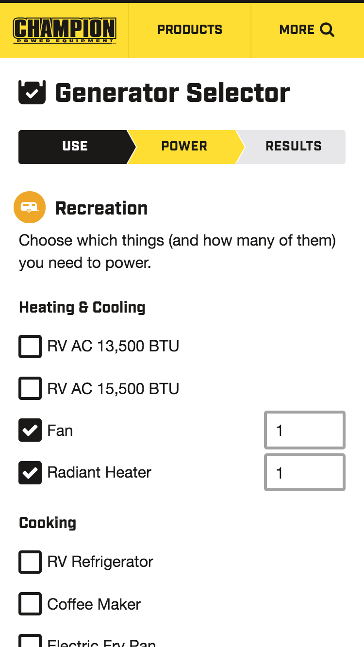 Step 2 of the generator selector tool, asking which sorts of devices they plan to power and how many