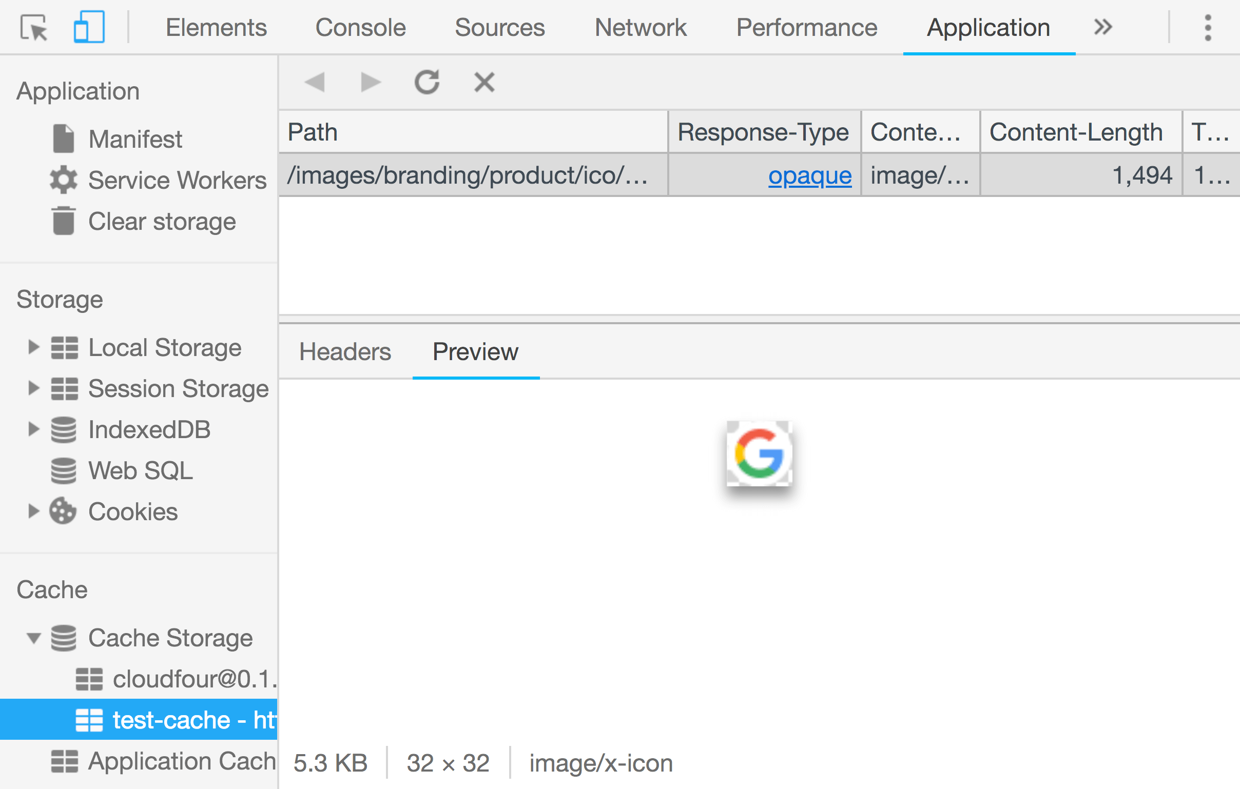 Google icon image listed as an opaque response in the Chrome DevTools Application tab