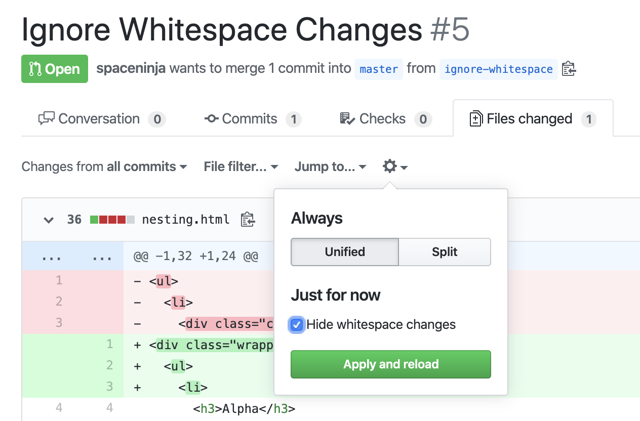 Screenshot of the GitHub UI, showing the "hide whitespace changes" option.