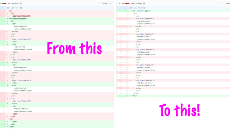 Screenshot of a code diff before and after hiding whitespace.