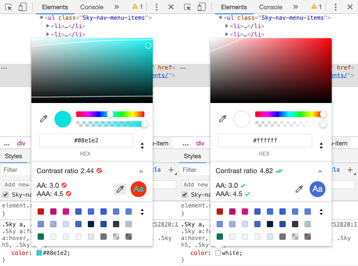 Example of the Chrome DevTools accessible color picker tools.