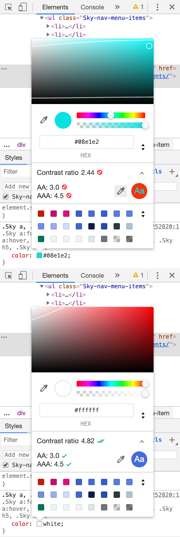 Example of the Chrome DevTools accessible color picker tools.