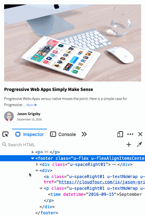 Toggle the visibility of a selected element in the inspector by pressing h on your keyboard.