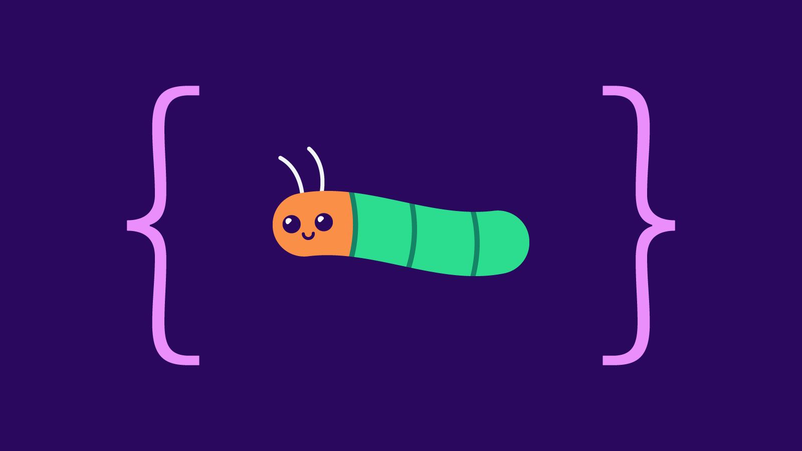 A cute, smiling bug between two code brackets
