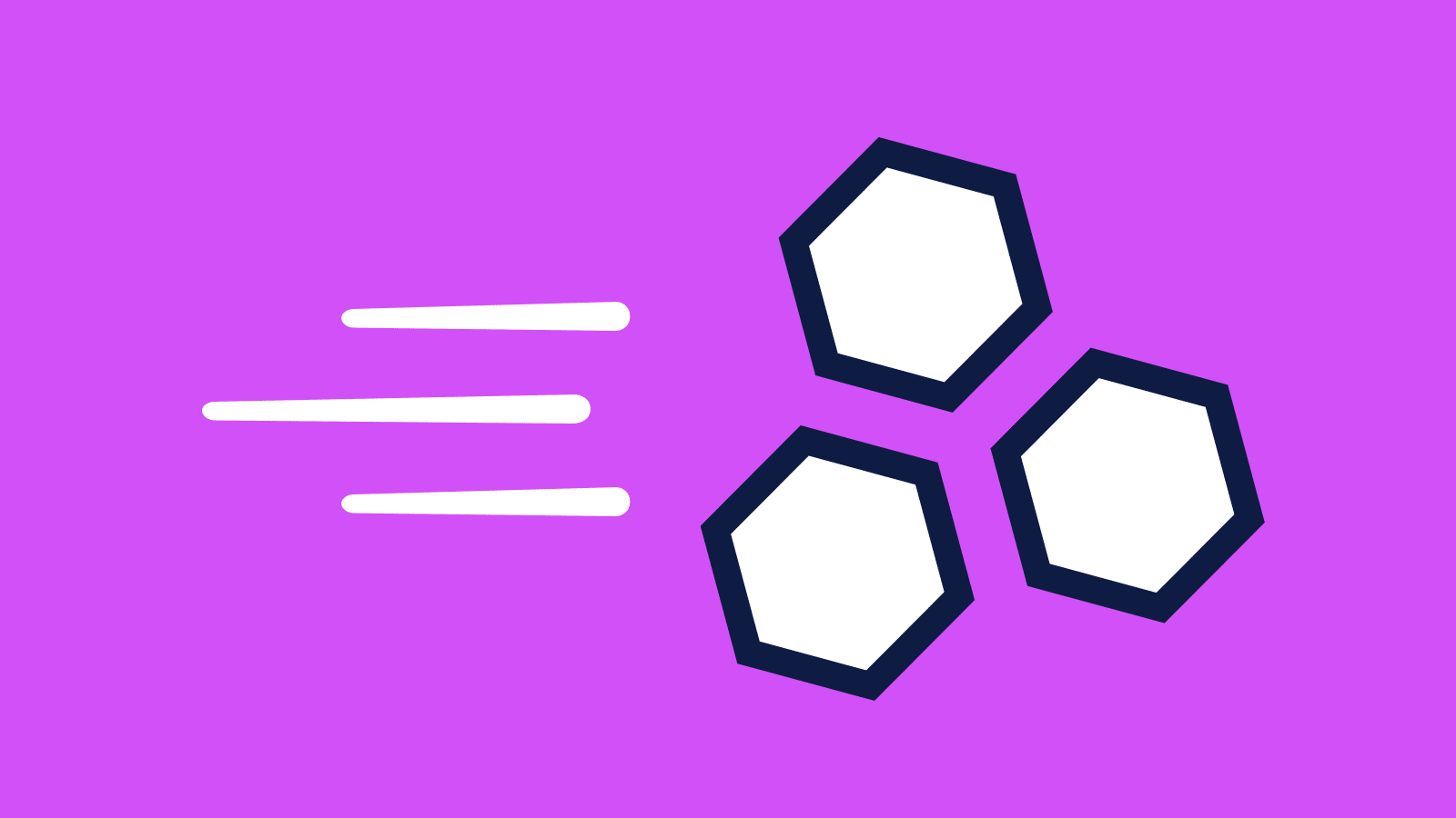 Three white hexagons representing components with speed trails behind them on a purple background.