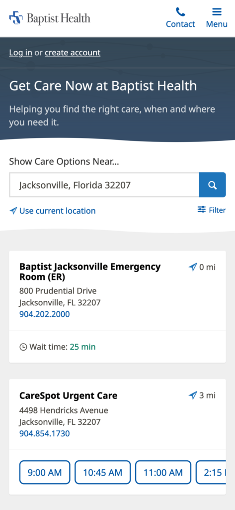 A screenshot of Baptist Health’s Get Care Now feature listing wait times of local emergency rooms and urgent care appointment availability