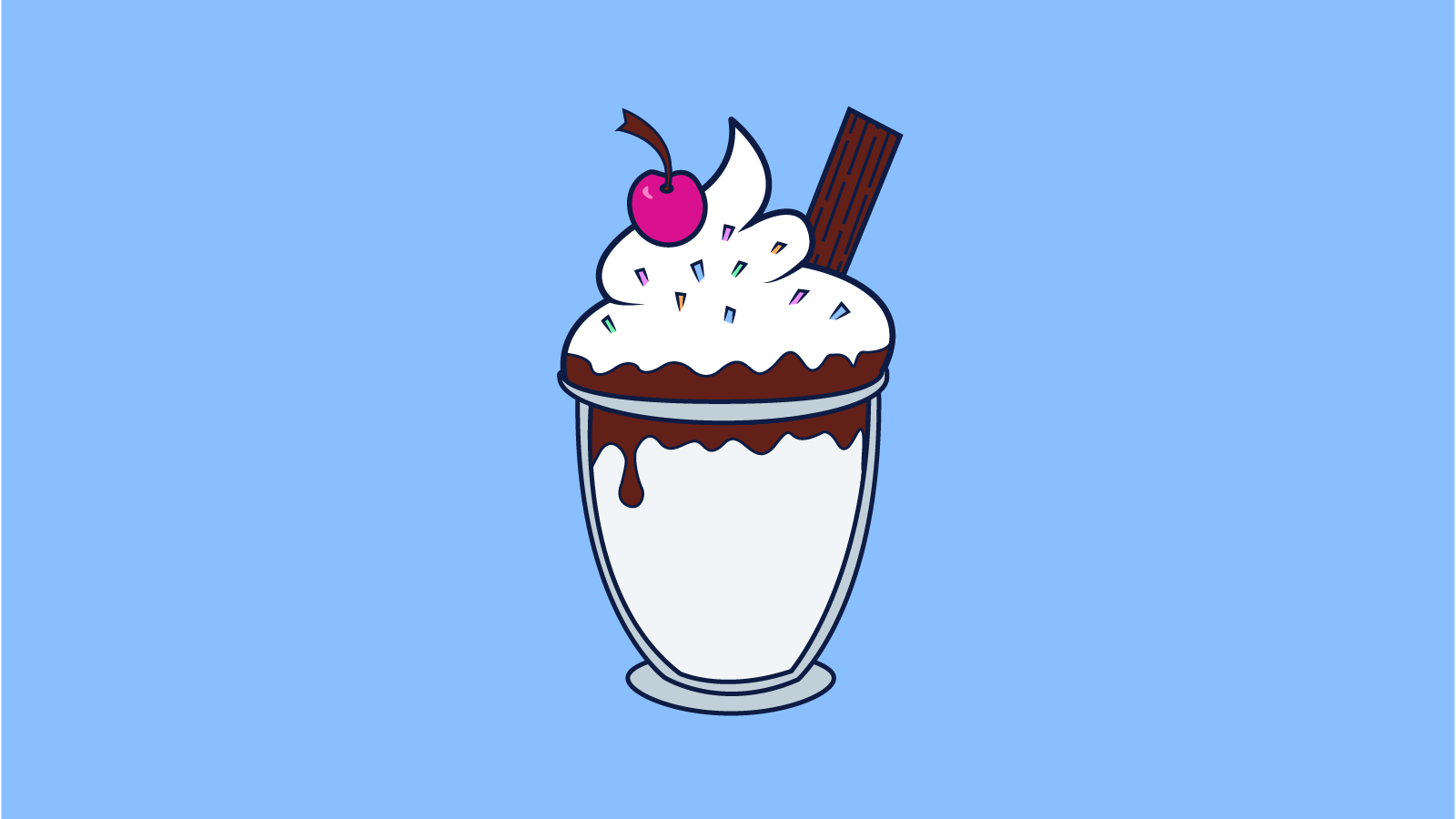 A vanilla ice cream sunday with chocolate sauce, sprinkles, and a cherry on top.