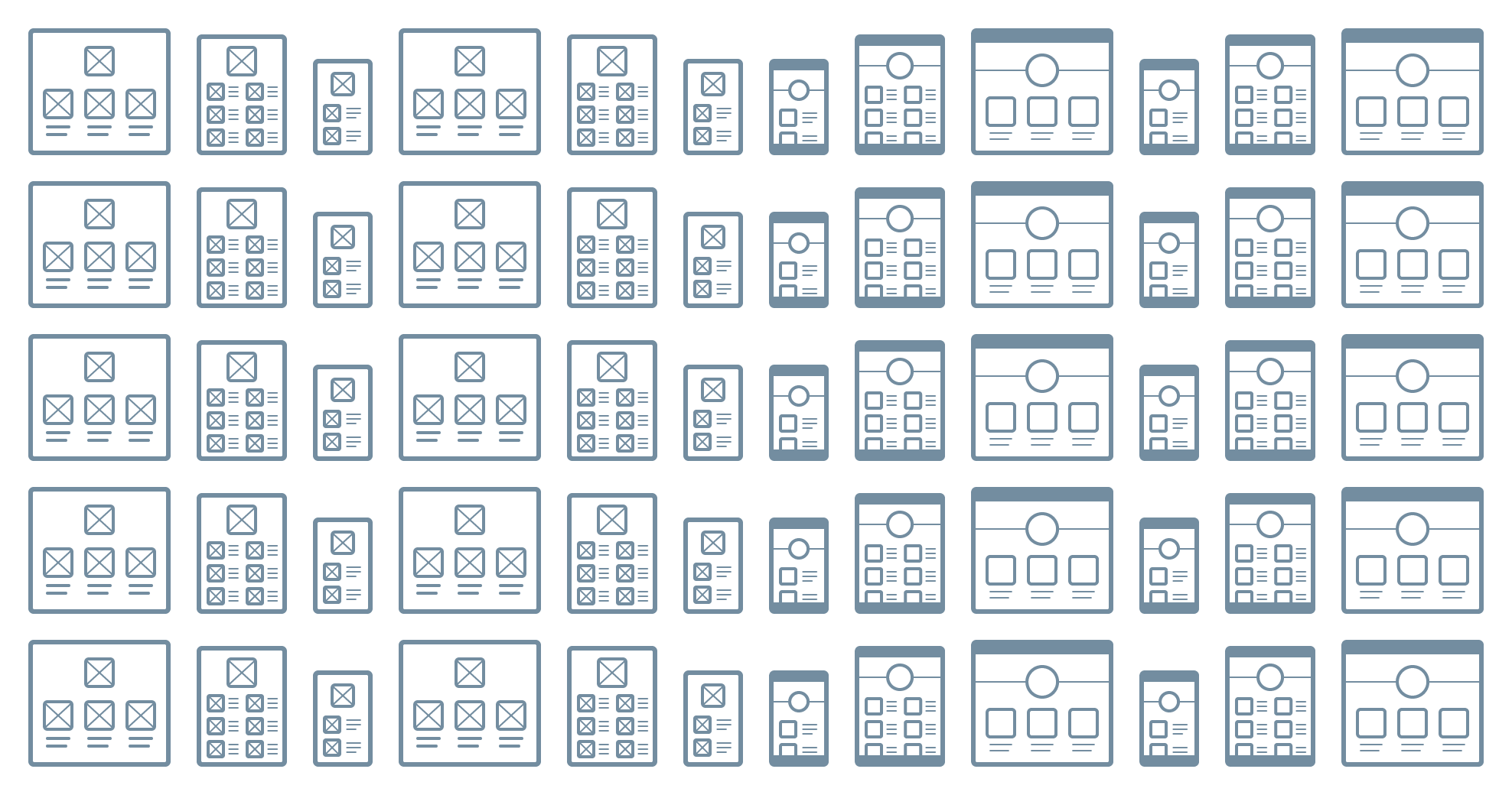 The middle of the previous image has been replaced with another full set of wireframes and mockups. The entire image is now full of wireframe and mockup icons