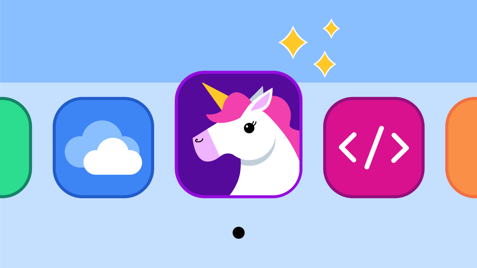 An illustration of a computer doc with a Unicorn app icon representing our ideal web design tool.