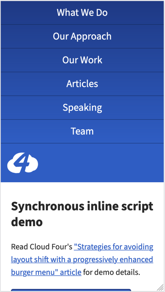 The synchronous inline script demo showing the menu is open and the toggle button hidden when JavaScript is unavailable.