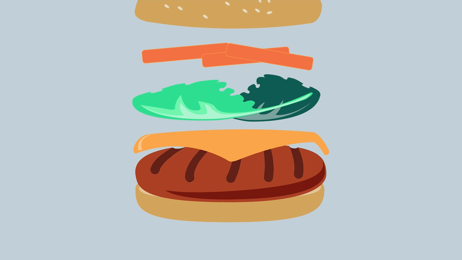 A burger illustration where each layer drops from above, then gets chomps until its gone