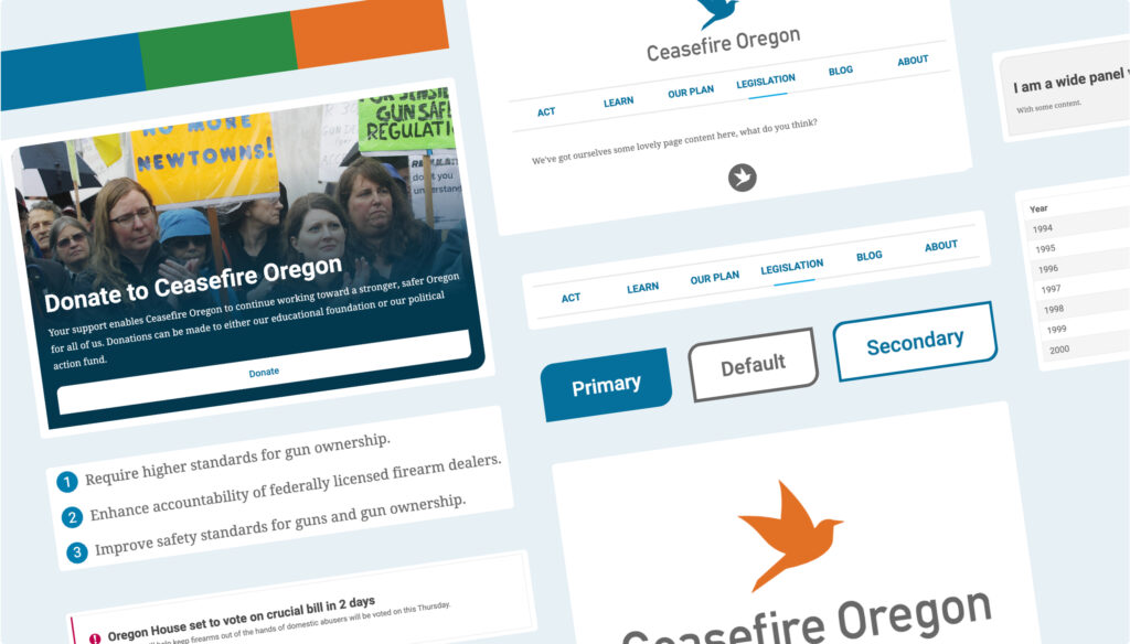 A collage of various interface and design elements related to Ceasefire Oregon's web site