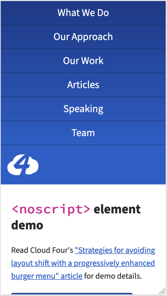 The noscript element demo showing the menu is open and the toggle button hidden when JavaScript is unavailable.