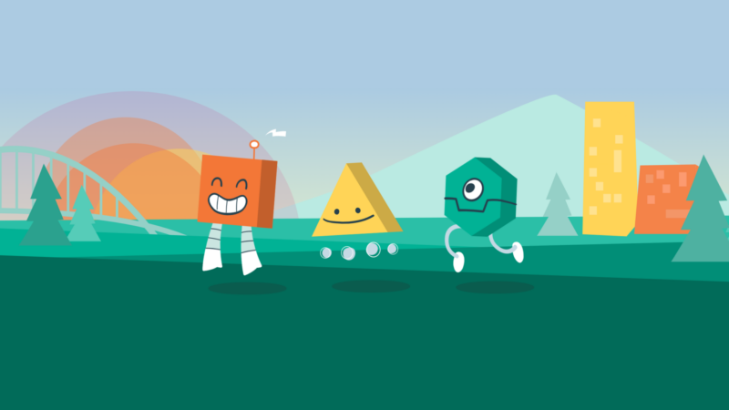Three robot mascots for the Responsive Field Day event, frolicing against an abstract Portland-esque backdrop