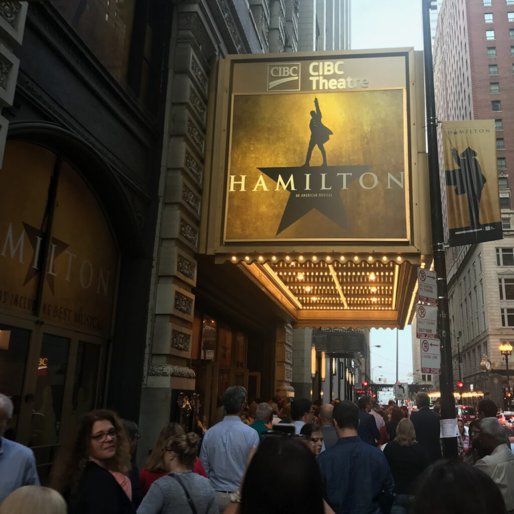 Hamilton sign outside the CIBC Theatre in Chicago