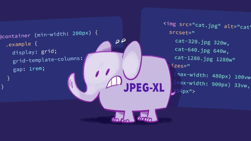 A purple elephant with a grimace on its face and the word JPEG-XL emblazoned on its side stands between two code blocks. On the left is container query code. On the right, responsive images syntax.