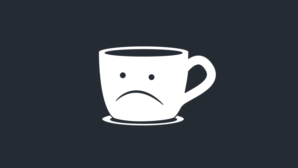 A coffee cup with a sad frowny face centered on a dark gray backgrouns