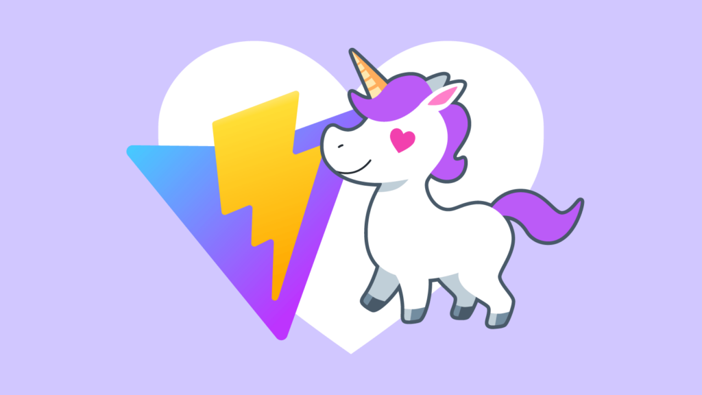 A cute cartoon unicorn, representing Cloud Four's hybrid designers and developers, gazes adoringly at the Vite logo.