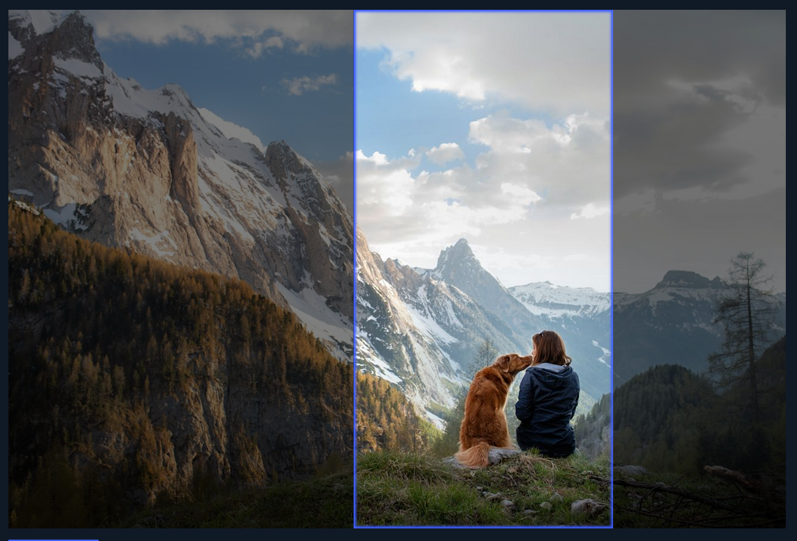 A photo of a woman and a dog sitting in the mountains. A blue cropping window is overlaid on the photo framing them.
