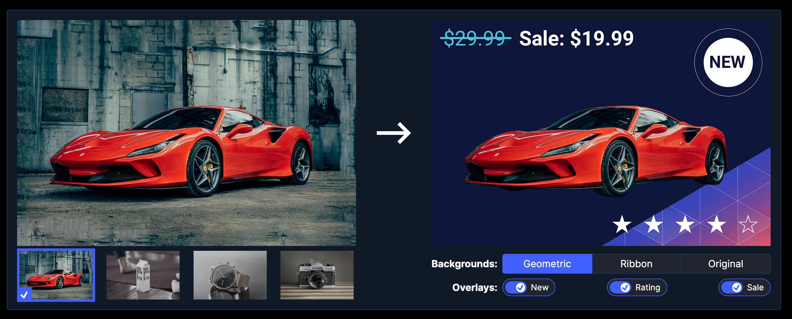 A screenshot of the personalization use case demo: It shows two pictures of a red car. The picture on the left is a regular photograph. The picture on the right has had the background replaced with a dark geometric pattern. It also has a star rating, price and 'New' badge. Under the photos, controls are shown.