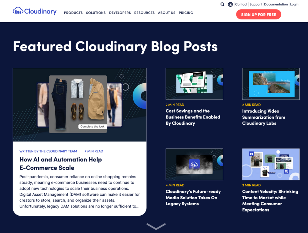 A screenshot of the top of the Cloudinary blog hom page showing a heading saying "Featured Cloudinary Blog Posts" and 5 posts.
