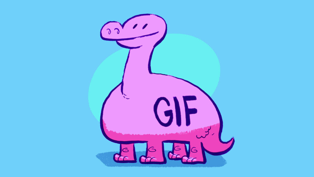 A dinosaur named ”GIF” stands tall