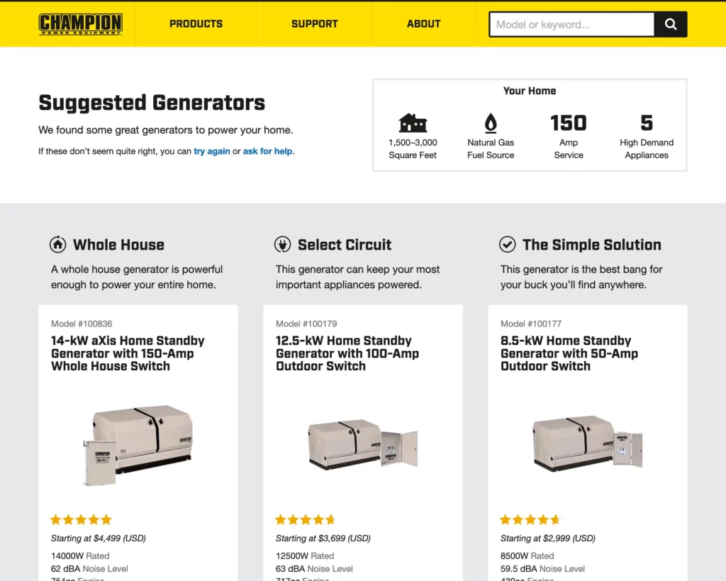 The topmost portion of the Home Standby Generator Selector's results page, including a summary of the home's power needs, and three generator options: Whole House, Select Circuit and The Simple Solution.