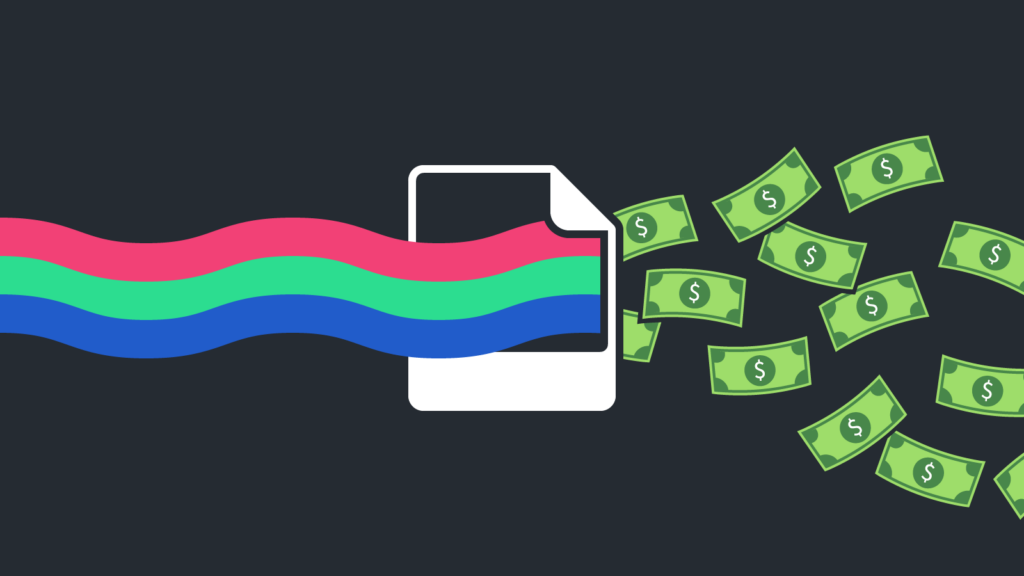 A wavy band consisting of red, blue, and green enter the frame of a image icon from the left. On the right, many dollar bills flow out of the image icon.