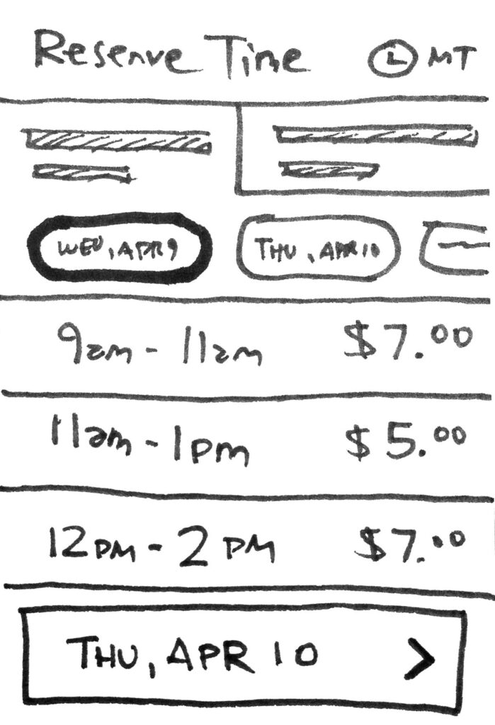 A loose, hand-drawn pen sketch of a schedule interface.