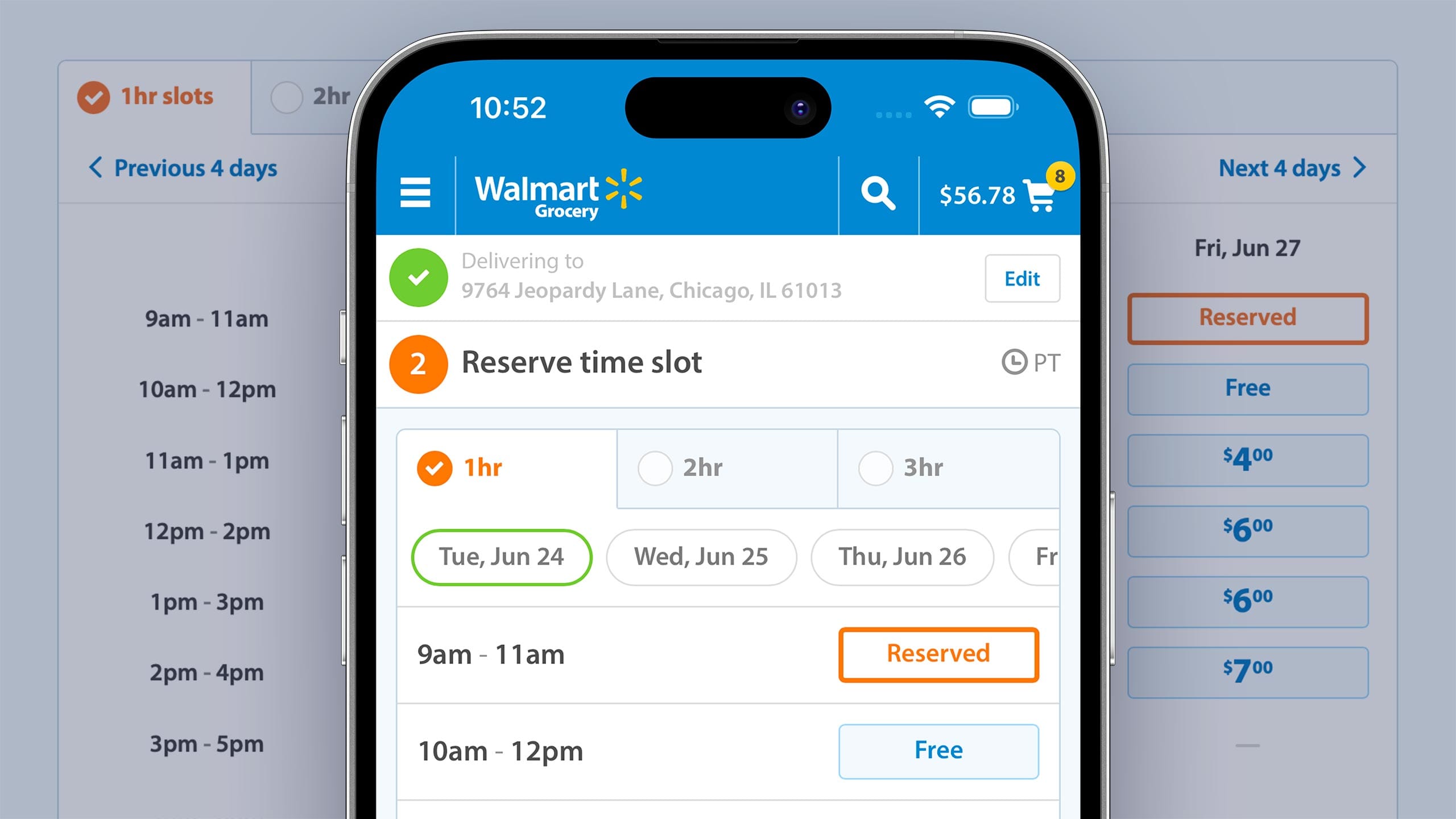 Stylized detail of the small and large Walmart Grocery scheduling interfaces.