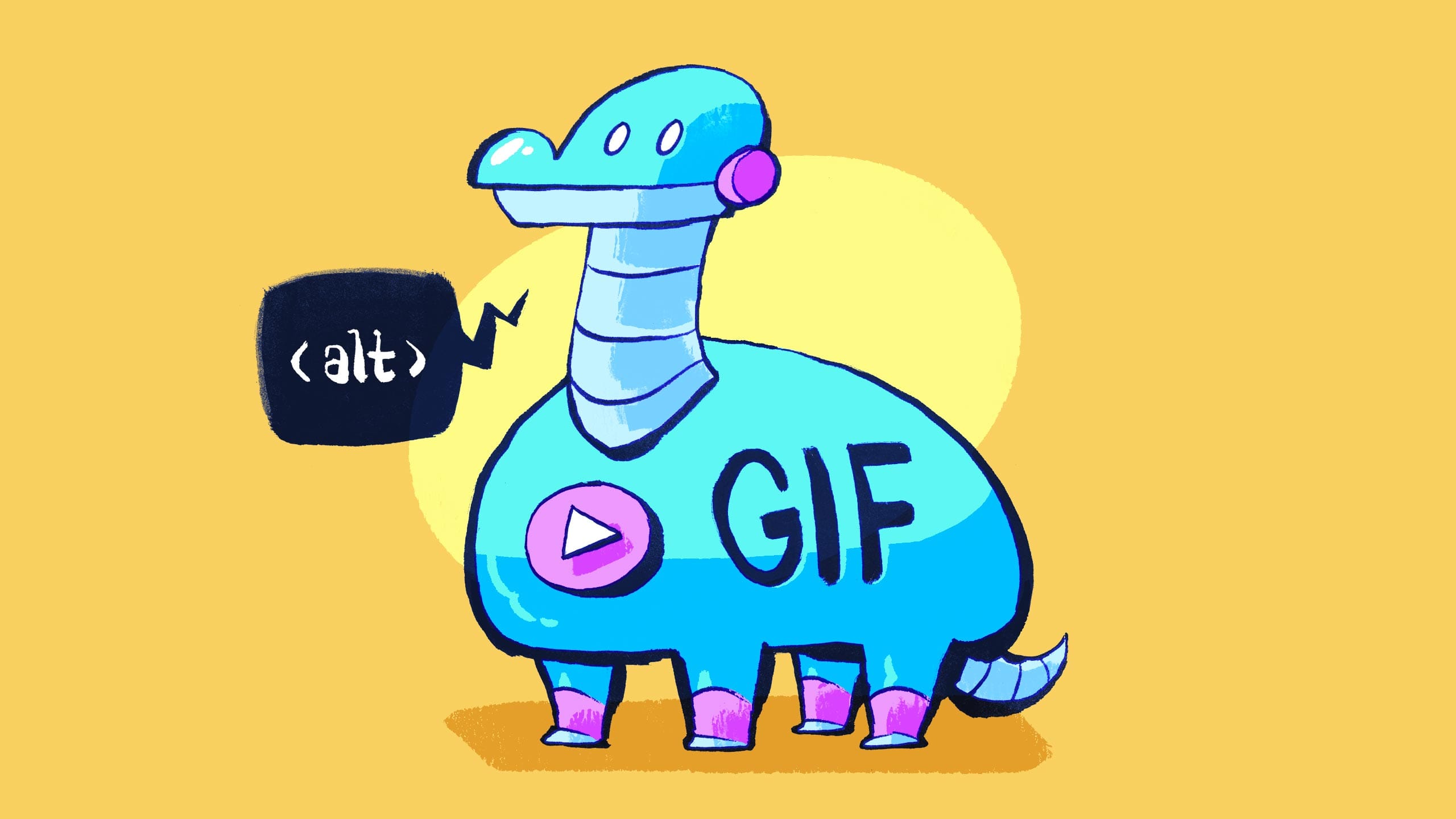 A robotic dinosaur labeled 'GIF', with a play button representing playback control, and a word balloon representing alternative text
