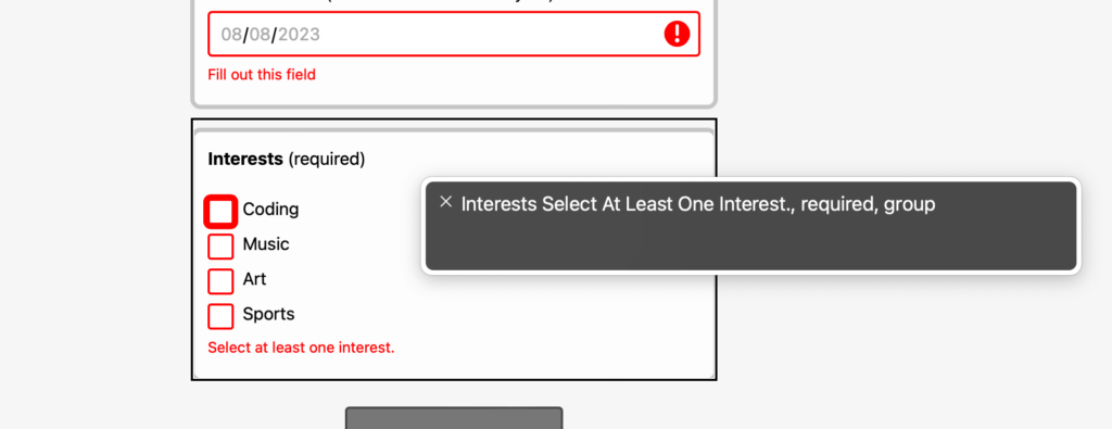 A screenshot of VoiceOver in Safari on macOS showing the legend of the checkbox group read along with validation feedback: "Interests, Select at least one interest, required, group".