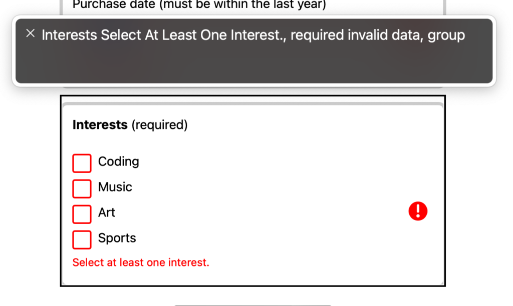 A screenshot of VoiceOver with Safari on macOS showing the "invalid" checkbox group state with VoiceOver reading "Interests, Select at least one interest., required, invalid data, group"