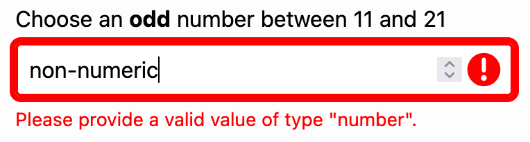 An optional number-type field showing a proper "invalid" state where the input has "invalid" styles and the validation error message is displayed.