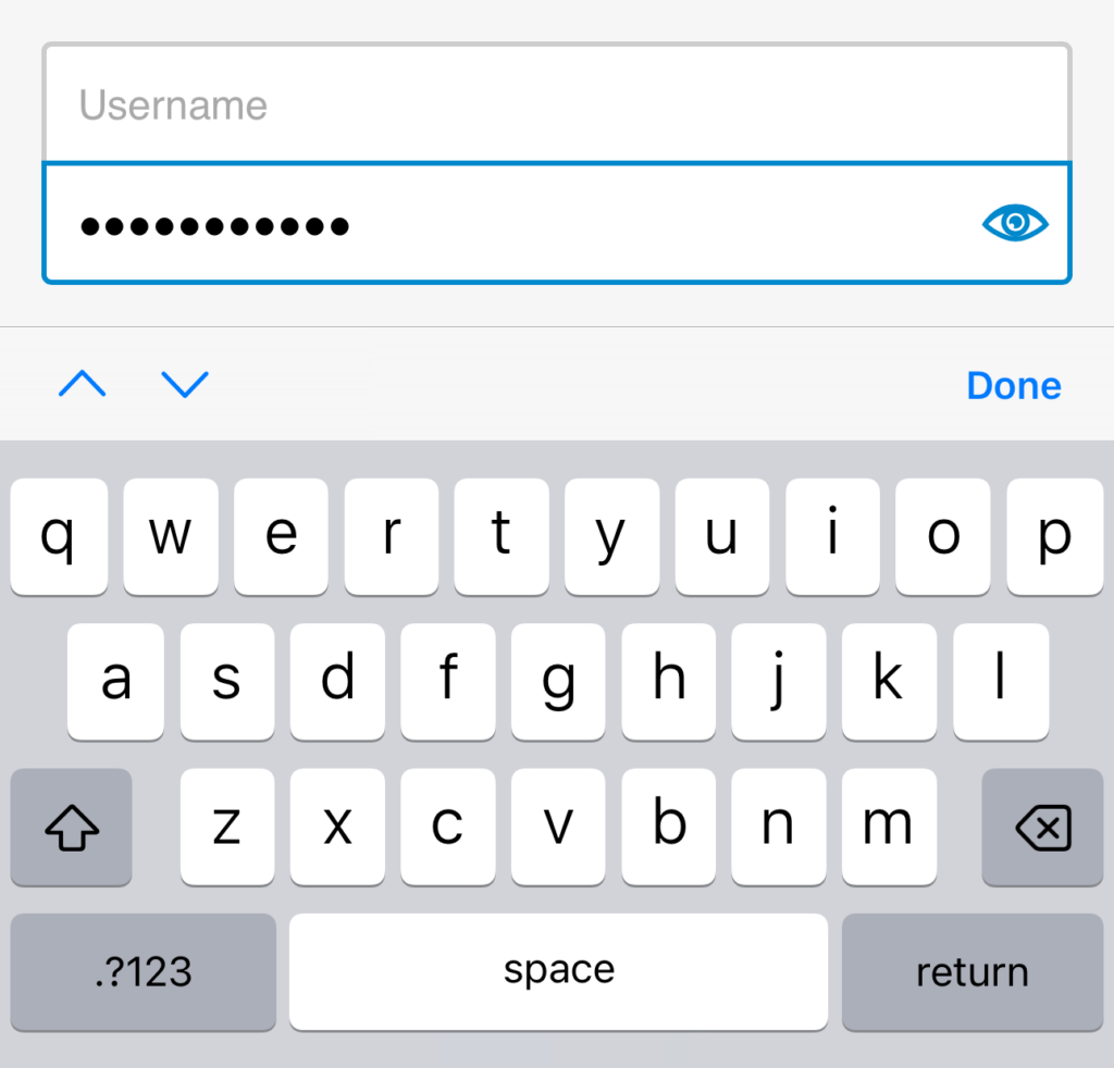 A password field is focused. The field's contents are obscured. A visibility toggle signified by an open eye icon is inset within the field. The iOS keyboard is displayed.