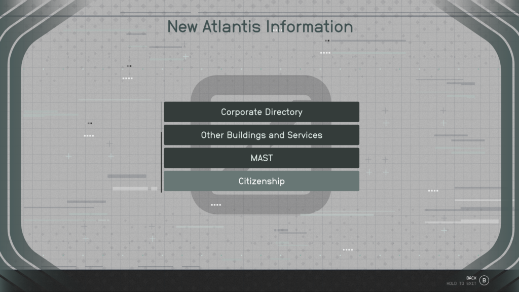 Screenshot of the same in-game kiosk labelled "New Atlantis Information." A set of four buttons is still centered in the screen, but it has been scrolled down to reveal the final two buttons in the list that were not visible at first. There is easily enough space on screen to show all six buttons at once.