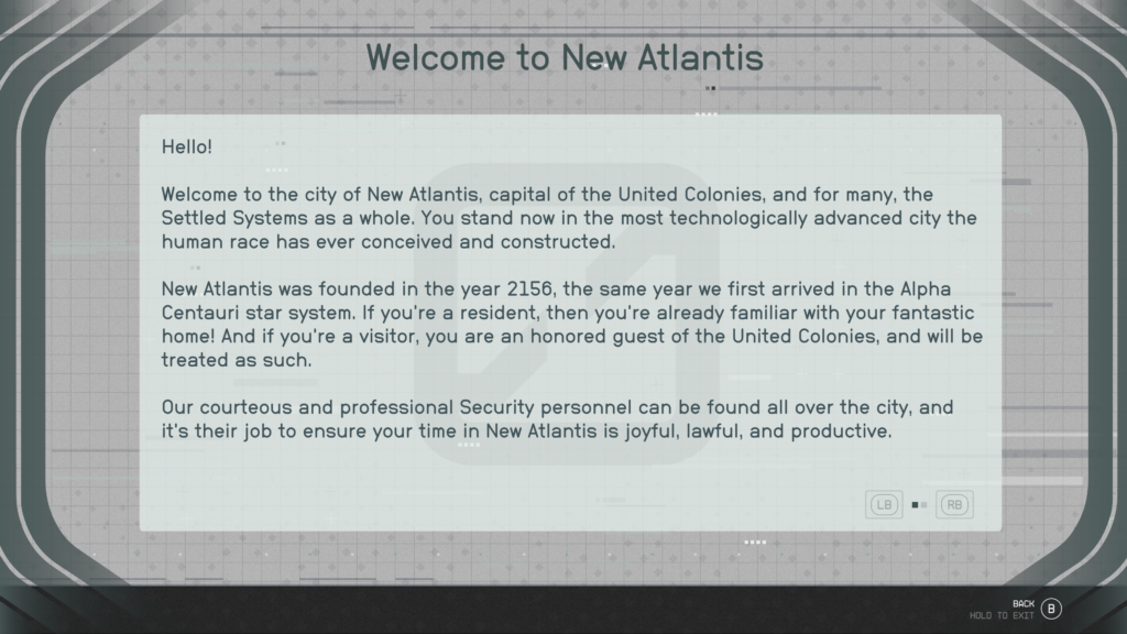 Screenshot of an in-game kiosk labelled "Welcome to New Atlantis." A large block of text describing the city is shown below, with a simple set of pagination controls indicating there are two pages and you're viewing the first.