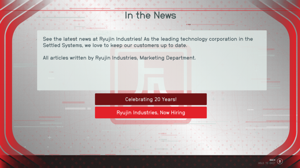 Screenshot of an in-game kiosk showing news about Ryujin Industries. Below a block of marketing text, there are two buttons: "Celebrating 20 Years" and "Now Hiring." One of the buttons is dark red, and one is bright red. There is no way to tell which is focused.