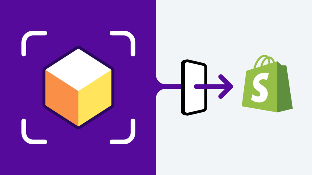 A 3D cube sits on a purple background on the left. The background transforms into an arrow going through the outline of a phone and then pointing at the Shopify logo. The image represents the process of scanning real world objects for Shopify stores.