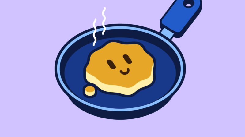 Illustration of a oddly shaped pancake with a smiley face, on a hot blue griddle.