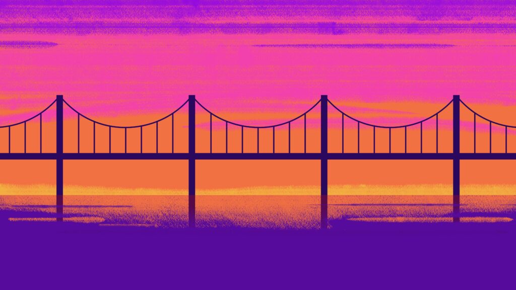 An abstract bridge against a stylized horizon at sunset.