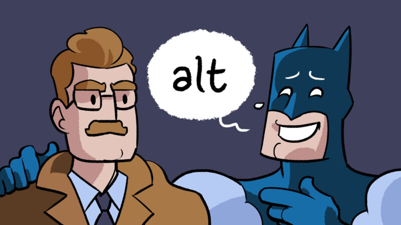 Batman laughing and describing a meme he saw to Commissioner Gordon, who looks unamused.