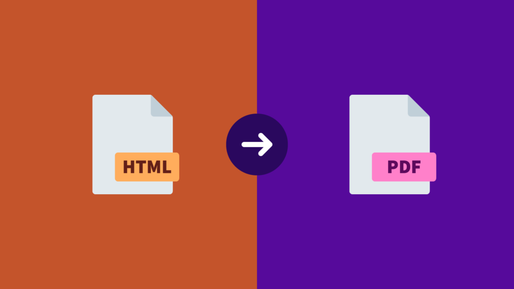 Illustration showing an HTML file icon on the left, with an arrow pointing towards a PDF file icon on the right.